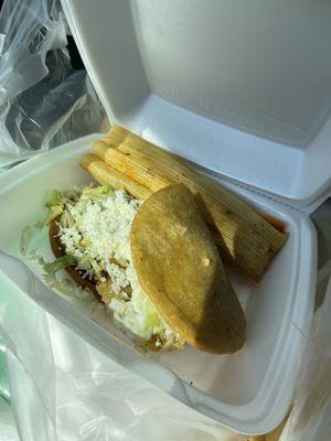 Chicken Gordita, chicken sopes (under Gordita) and chicken tamale.