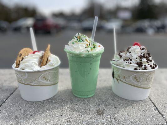 Cookie Monster Sundae, Lucky Leprechaun Shake, and Grasshopper Crunch Sundae