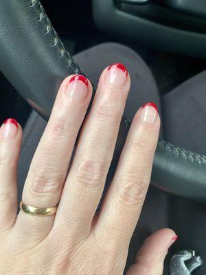 French soft gel manicure with red tip by Jessie