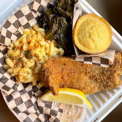 Catfish plate with Mac and collard greens