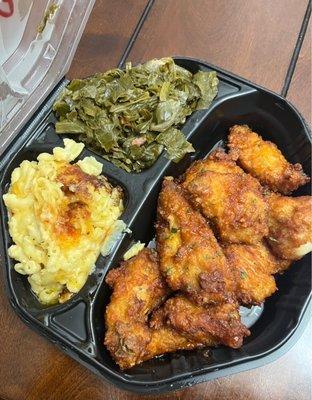 Hennessy wing dinner with Mac and cheese and greens