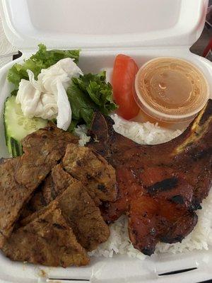 Beef and pork chop rice plate (beef looks tough but is surprisingly tender)