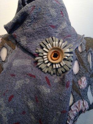 Leather flower pin, silk and wool scarf, wet felting techniques, merino wool.