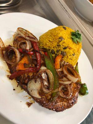 Steak and Onions (Bistec Ensebollado) with Rice and Chicken Peas (Arroz Con Guandules)