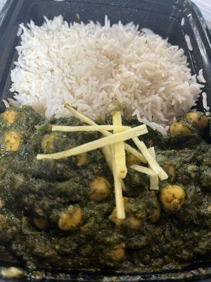 Channa Saag - chickpeas cooked in garden fresh spinach with a touch of cream.