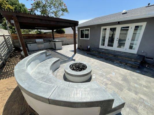 Concrete fire pit and seating area, paver patio pergola and bbq