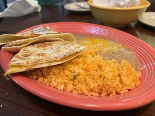 Kids Chicken Quesadilla with rice and beans