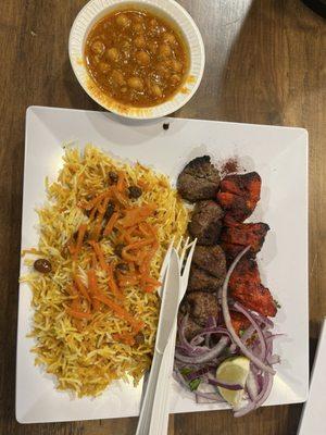 Chicken & lamb kabob w/ rice & chickpeas