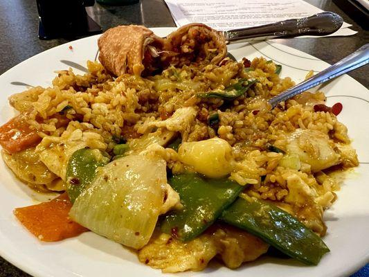 curry chicken, pork fried rice, and a pork egg roll.