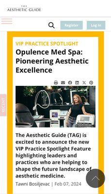 Dr. Tara Brown at Opulence Med Spa named the first VIP Practice Spotlight by The Aesthetic Guide