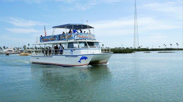 Our boat, the Double Sunshine, is a double-decker catamaran.