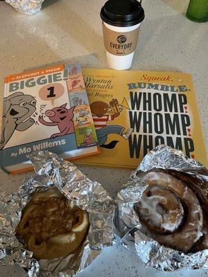 Butter Pecan Latte, Apple  Tart, Cinnamon Bun, and books from The Young Dreamers' Bookstore Pop-up.