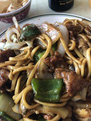 Pepper steak with lo mein.