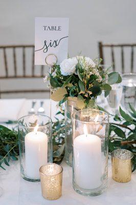 Candle centerpieces, repurposed Bridesmaids bouquets for tables at Banca in Philadelphia