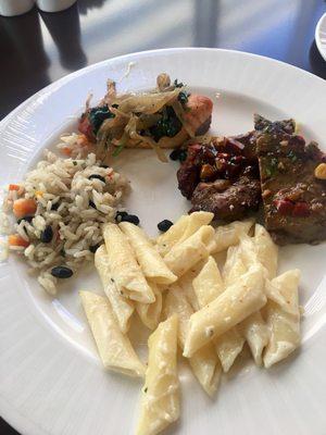 Lunch buffet...salmon, strip steak, rice and a bit of Mac & cheese