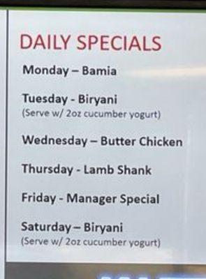 Daily specials. These are quick service entrées as they are pre-prepared and ready for quick cafeteria style serving.