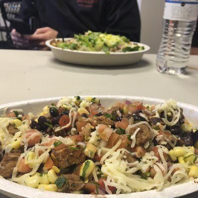 Rice bowl with steak, salsas and the best cheese ever!