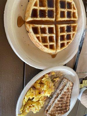 Belgian waffle and scrambled eggs