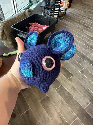 Handmade, crocheted custom stuffed animal, named a Bubbalub, with hand painted eyes