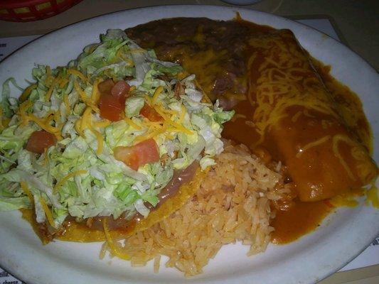 Shredded beef tostada & enchilada.