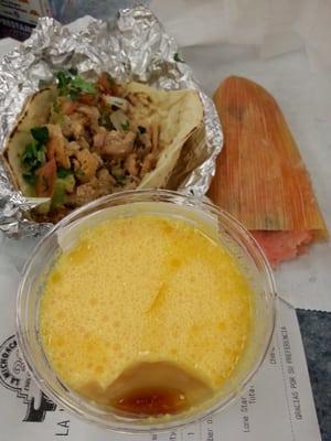 Chicken fajita taco, Vanilla Flan, and a Sweet Tamale (i forgot the name)