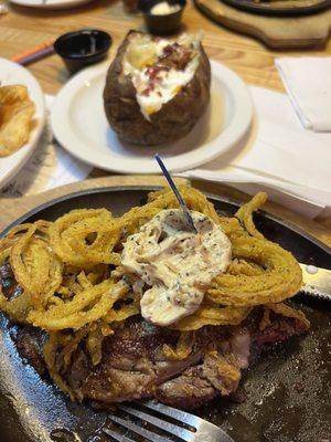 Brewski ribeye and loaded baked potato