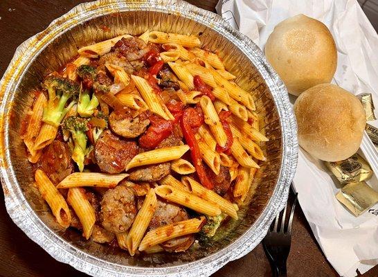 Hot sausage and broccoli pasta (lunch) - comes with fresh baked rolls and butter