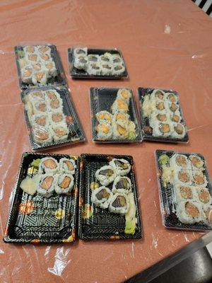 The full order we tossed, minus a few pieces we ate.  Salmon, Tuna, salmon avocado, Tuna avocado, Spicy salmon, spicy Crunchy Tuna