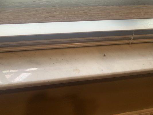 Windowsill behind office cabinet not cleaned, floor here was also dirty