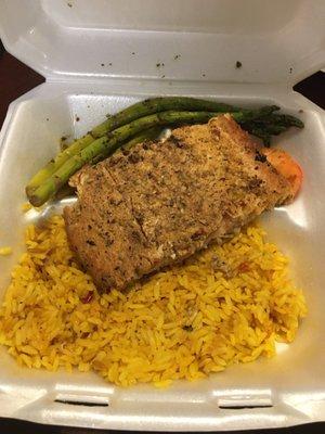 Smoked Salmon with shrimp, asparagus and yellow rice