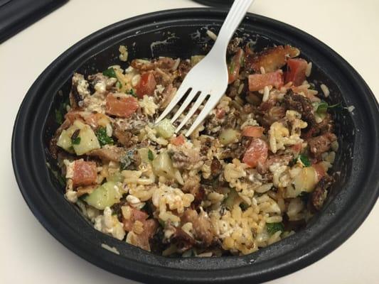 Make your own bowl. Chicken, tomato and cucumber salad, and tzatziki. Yum!