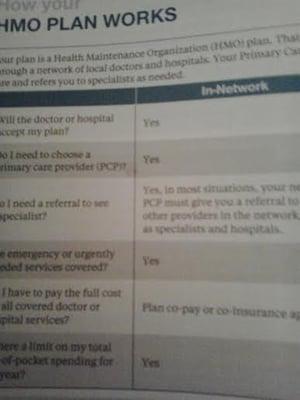 Insurance plan book showing my plan requires a referral from a PCP to see a specialist. They probably won't listen anyway!