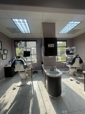 Inside of Canyon Dental Associates operatories, facing the window with full street view.