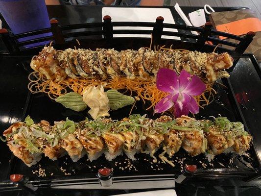 Spicy Yellowtail Roll (top) and Volcano Eruption Roll (bottom)