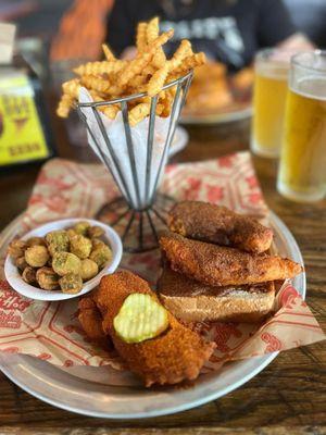 2 rockys hot tenders, 1 extra hot, crinkle fries, fried okra