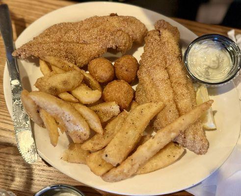 Fried catfish, hush puppies and seasoned fries