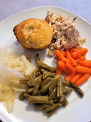 Half of my veggie plate (which I'd started eating in the car). 2 meats, 3 veggies & 2 cornbread muffins for under $8!