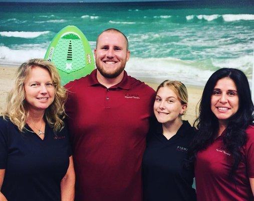 Left to Right: Georgene, PTA. Nic, Tech, BS in Exercise Science. Cheyenne, Receptionist. Kathy, MPT, COMT, Clinical Director.