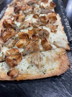 Chicken and waffles flatbread pizza