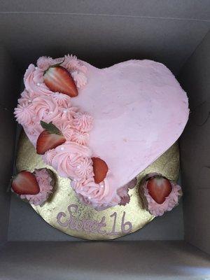 Strawberry vegan, gluten free, & almond free cake w 2 cupcakes.