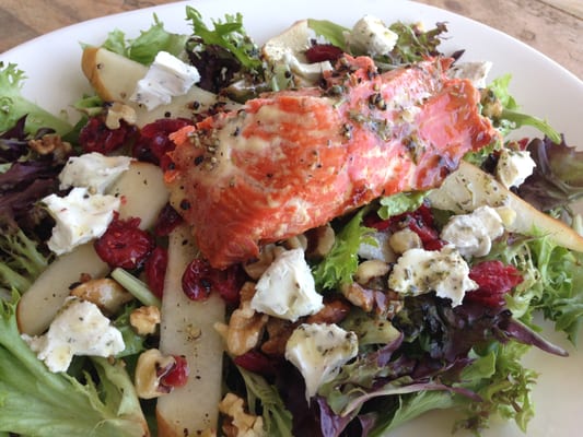 Roasted salmon salad with pears, walnuts, goat cheese, cranberries and honey dill vinaigrette