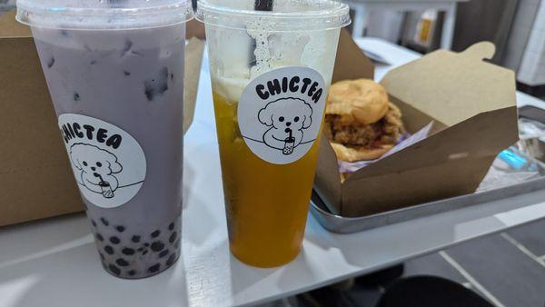 Bubble Tea, Mango Green Tea and a chicken sandwich with fries.