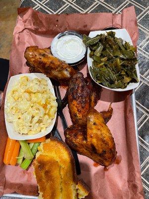 3 Pcs Wings, Collard Greens, Mac and Cheese, and Cornbread