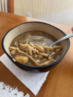 Hot-and-Sour soup, extra spicy, with chicken, prawns, tofu and bamboo.  Tasty, and about a 3/5 on heat.