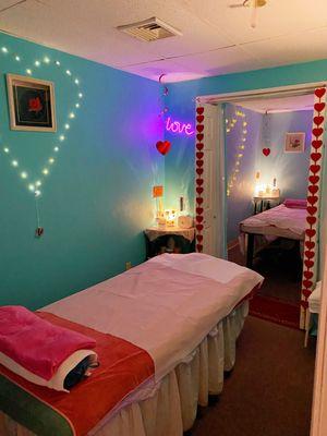 Massage room decorated for Valentine's Day. Treat yourself and your partner at Sunshine Spa!