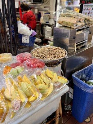 Pre-cut Fruit ($6/box) & Boiled Peanuts ($1/scoop) & Fresh Squeezed Sugarcane ($7/cup)