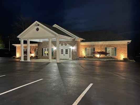 Exterior of funeral home at night