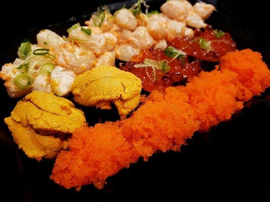 Sushi: Masago, Uni, Lobster, Ikura and Scallop