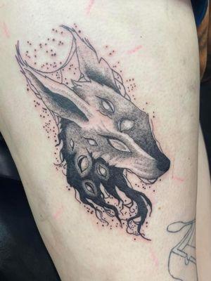 Black and Gray Thigh Tattoo by Bree