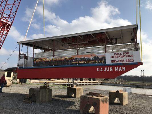 Da' "Cajun Man" being put back in the water after my Coast Guard Dry Dock Inspection.